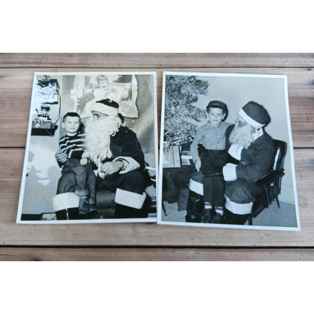 Vintage Set 2 Boy with Santa Claus 8 x 10 Christmas Photograph Photo Black White